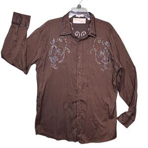 Spunky Mac Shirt Mens XL Brown Embroidered Western Pearl Snap Long Sleeve Cowboy